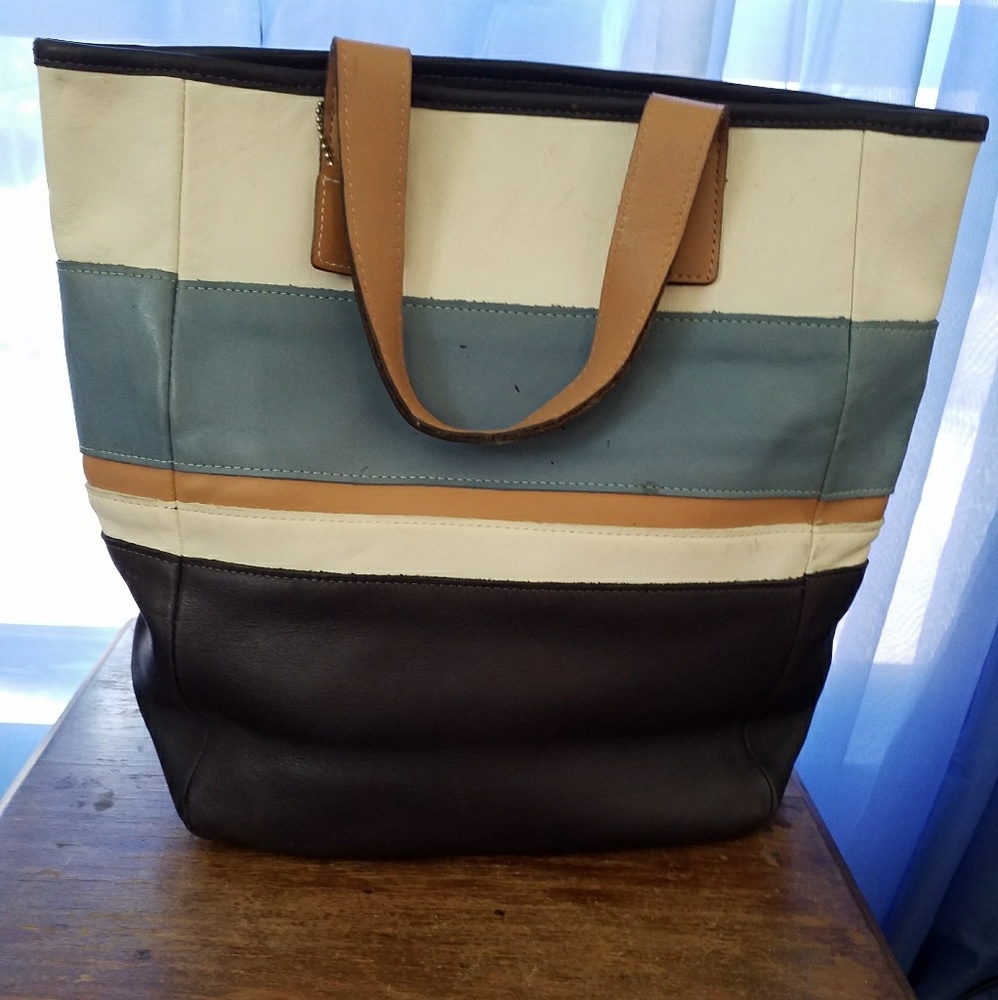 Coach Striped Leather Tote in Black, Cream, Blue and Tan